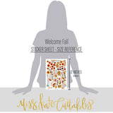 Welcome Fall Stickers, size guide image, showing coordinating scrapbook stickers for layouts, planners, journals, cards, memory albums, titles, and quick finishing details. Buyer theme: Fall Stickers for Scrapbooks & Journals. Welcome Fall sticker sheet with reduced-scale pumpkins, leaves, woodland animals, trucks, sunflowers and fall phrase stickers. Color palette includes Pumpkin orange, burnt orange, harvest gold, sunflower yellow, olive green, moss green, teal, aqua, tan and brown