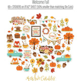 Welcome Fall Collection, alternate sticker sheet spread out image, showing coordinated Paper & Sticker Kit, full-size Die Cuts, and Sticker Sheet for scrapbook layouts, memory albums, cards, journals, and keepsakes. Buyer theme: Coordinated Fall Scrapbook Collection. Welcome Fall coordinated scrapbook collection with 12x12 paper, stickers and die-cut autumn embellishments. Scrapbook collection, paper and sticker supplies, die cut embellishments, and coordinated memory keeping products