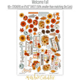 Welcome Fall Collection, sticker sheet spread out image, showing coordinated Paper & Sticker Kit, full-size Die Cuts, and Sticker Sheet for scrapbook layouts, memory albums, cards, journals, and keepsakes. Buyer theme: Coordinated Fall Scrapbook Collection. Welcome Fall coordinated scrapbook collection with 12x12 paper, stickers and die-cut autumn embellishments. Scrapbook collection, paper and sticker supplies, die cut embellishments, and coordinated memory keeping products