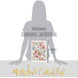 Wildflowers Stickers, size guide image, showing coordinating scrapbook stickers for layouts, planners, journals, cards, memory albums, titles, and quick finishing details. Buyer theme: Floral Stickers for Scrapbooks, Journals & Planners. Wildflowers Sticker Sheet with scaled floral titles, blossoms, strawberries, berries, birds, butterfly, leaves and botanical accents for scrapbook pages, journals and planners. Designed for Nature journals, Spring and summer memory pages, Card making
