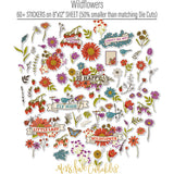Wildflowers Stickers, alternate sticker sheet spread out image, showing coordinating scrapbook stickers for layouts, planners, journals, cards, memory albums, titles, and quick finishing details. Buyer theme: Floral Stickers for Scrapbooks, Journals & Planners. Wildflowers Sticker Sheet with scaled floral titles, blossoms, strawberries, berries, birds, butterfly, leaves and botanical accents for scrapbook pages, journals and planners