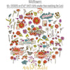 Wildflowers Stickers, alternate sticker sheet spread out image, showing coordinating scrapbook stickers for layouts, planners, journals, cards, memory albums, titles, and quick finishing details. Buyer theme: Floral Stickers for Scrapbooks, Journals & Planners. Wildflowers Sticker Sheet with scaled floral titles, blossoms, strawberries, berries, birds, butterfly, leaves and botanical accents for scrapbook pages, journals and planners
