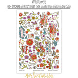 Wildflowers Stickers, sticker sheet spread out image, showing coordinating scrapbook stickers for layouts, planners, journals, cards, memory albums, titles, and quick finishing details. Buyer theme: Floral Stickers for Scrapbooks, Journals & Planners. Wildflowers Sticker Sheet with scaled floral titles, blossoms, strawberries, berries, birds, butterfly, leaves and botanical accents for scrapbook pages, journals and planners. Designed for Card making, Mini albums, Junk journals